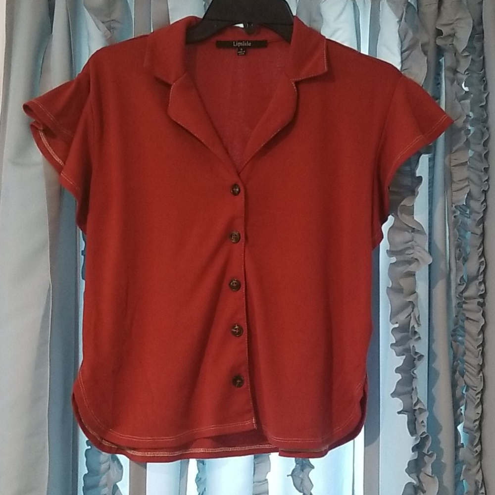 Burnt orange flutter sleeve button down top sz s